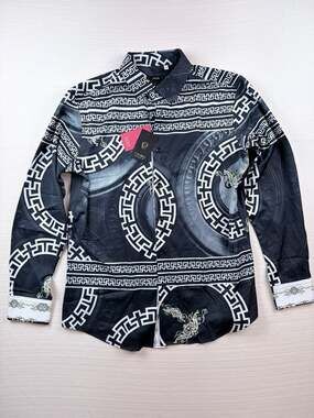 Pavini Button Up Long Sleeve Shirt Size M Black White Barocco Print